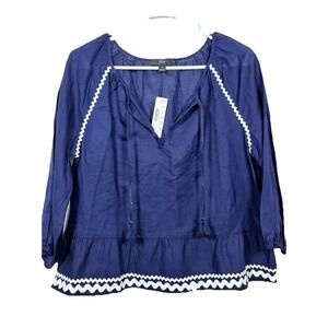 J‎ Crew Linen Peasant Blouse Navy Boho Tassel Top Cottagecore S Beachy Festival